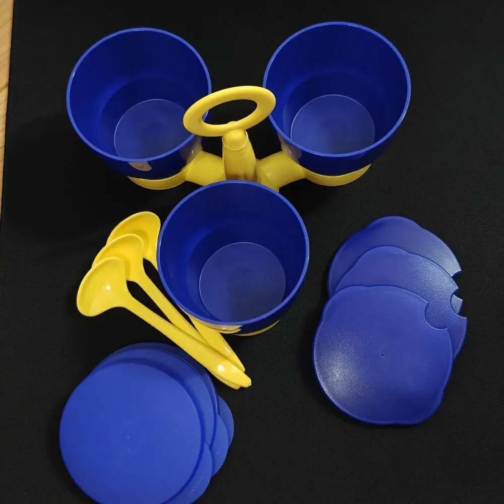 Vintage Tupperware Condiment Caddy Set Cups Spoons Lids Complete Yellow Blue NEW